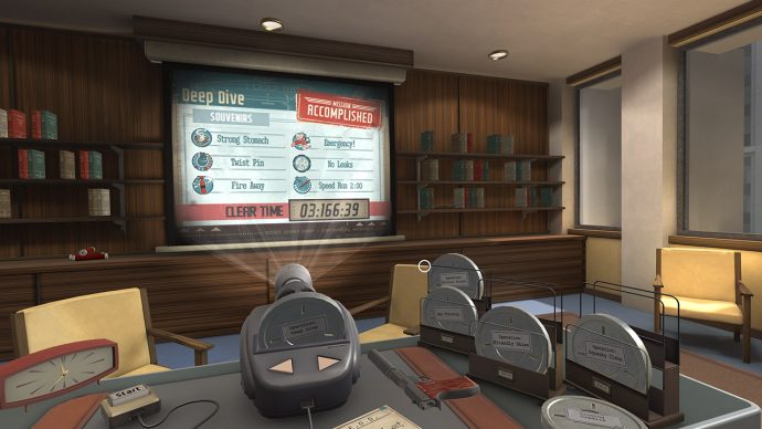 A screenshot of a 50s style office with a projector on a table showing your mission stats in I Expect You To Die.