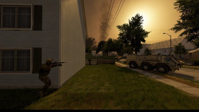 A screenshot of a solider rounding the corner of a building at sunset, aiming his gun at a military truck in Onwards.