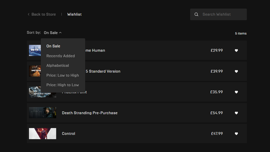 Wishlists are here! - Epic Games Store