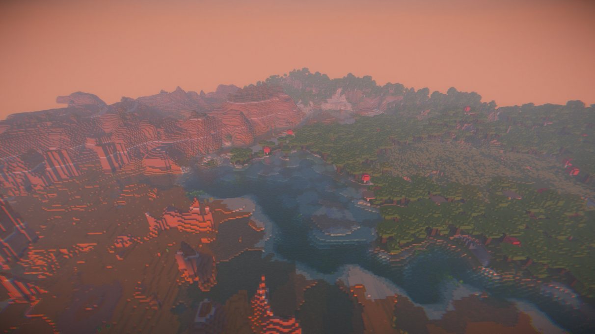 With KUDA Shaders for 1.16.1, the combination of Mesa biome and sunset turns the sky a vibrant orange.