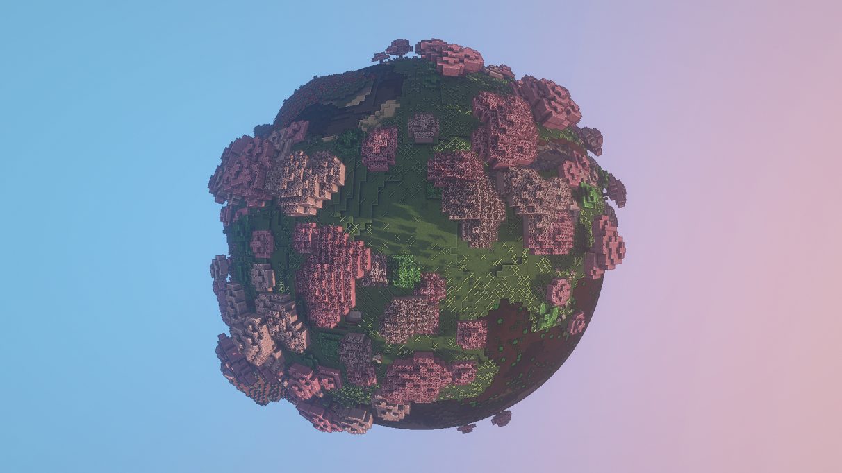 A screenshot made using BSL Minecraft Shaders for 1.16.1, with world curvature turned all the way up.