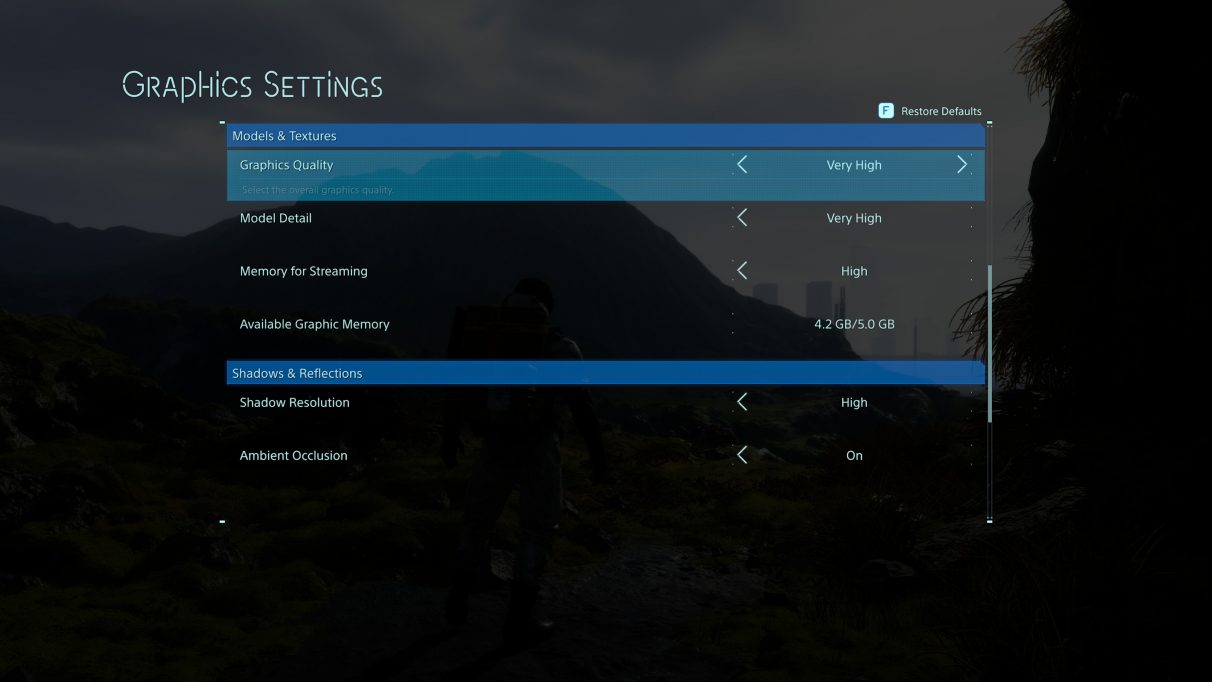 Death Stranding's PC graphics settings menu.
