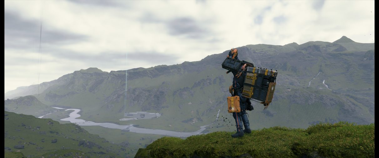 An ultrawide screenshot of Death Stranding's photo mode, showing Sam Bridges holding up his BB like Simba from The Lion King.