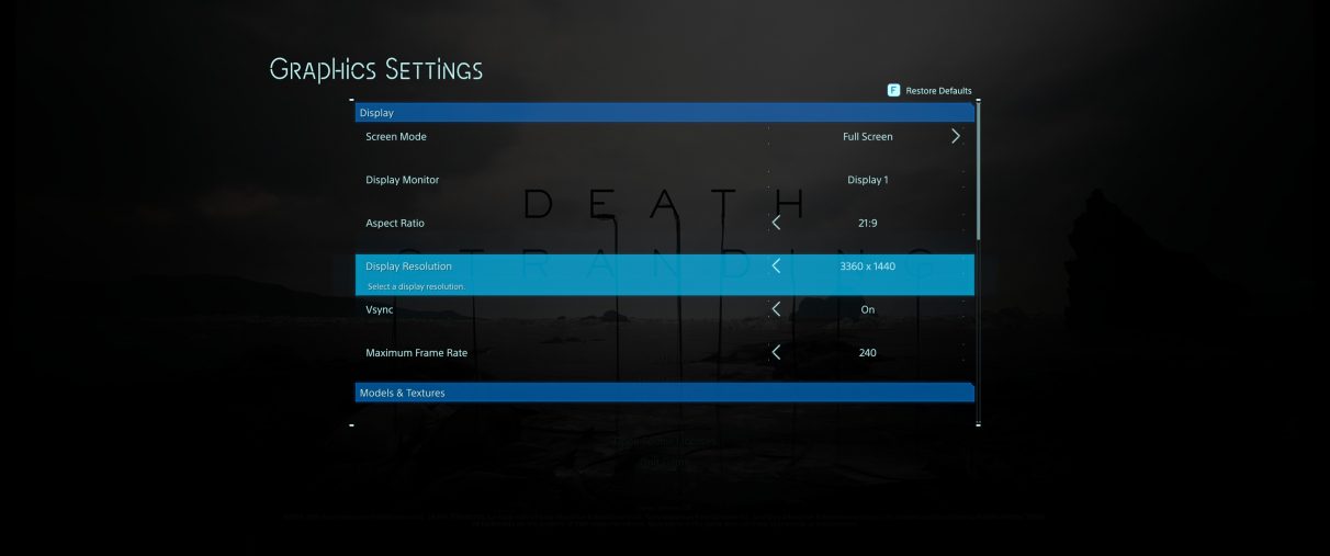 A screenshot showing Death Standing's PC display settings and ultrawide aspect ratio options.