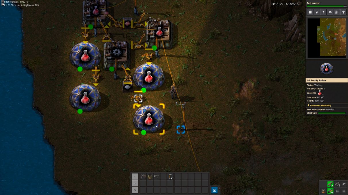 You can link Labs together with Inserters in Factorio, and the inserters will take surplus Science from one Lab and drop it into the next Lab.