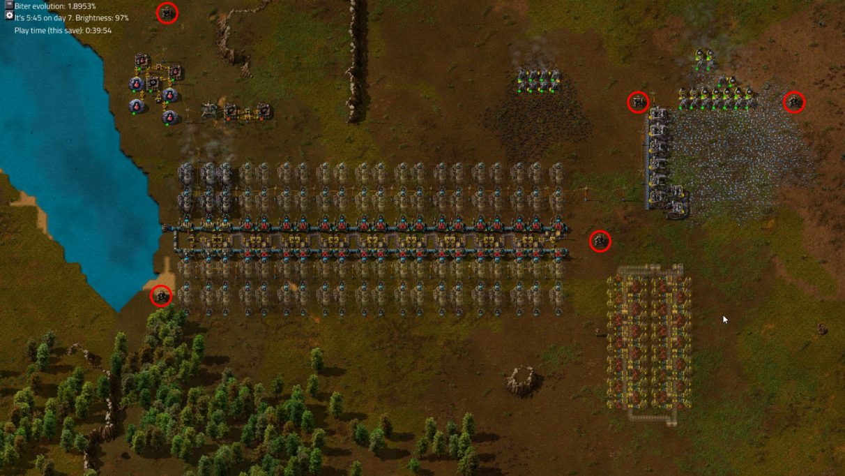 The red circles indicate where I decided to place my first few Turrets in order to protect my fledgling factory.