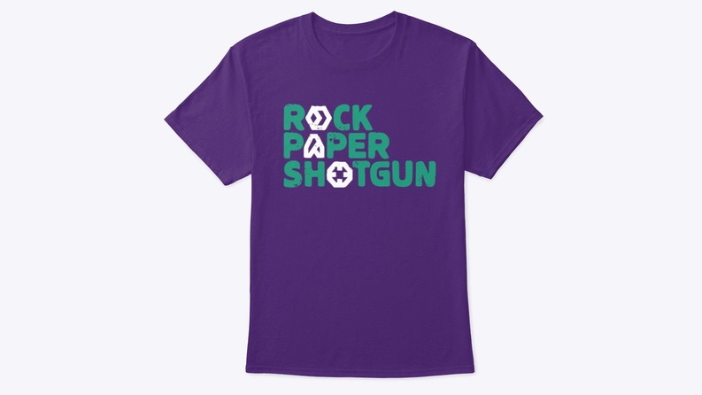 An image of our purple RPS tee, which features the site's Rock Paper Shotgun logo in the centre.