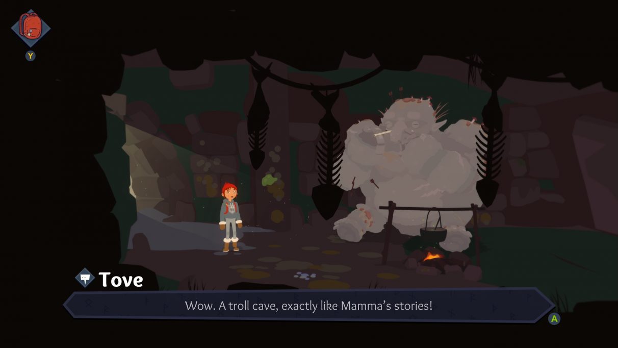 A screenshot of Tove entering a troll cave in Röki.