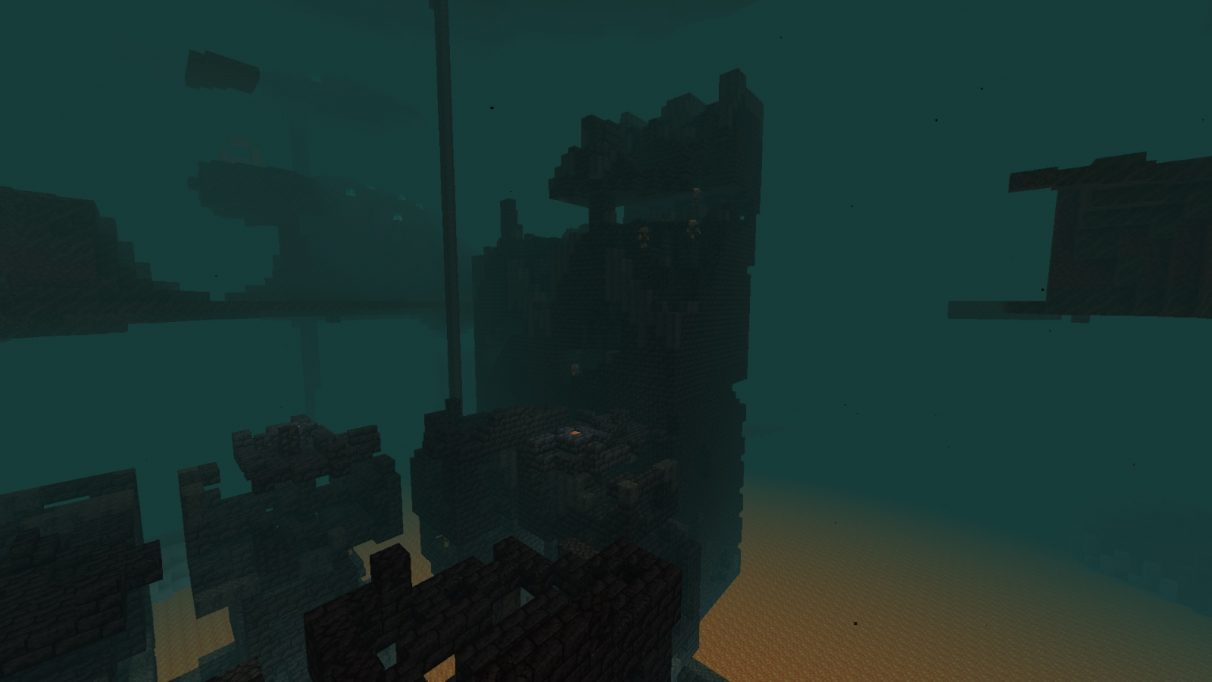 A screenshot of a sinister tower of rock, a Bastion Remnant, in the Nether in Minecraft