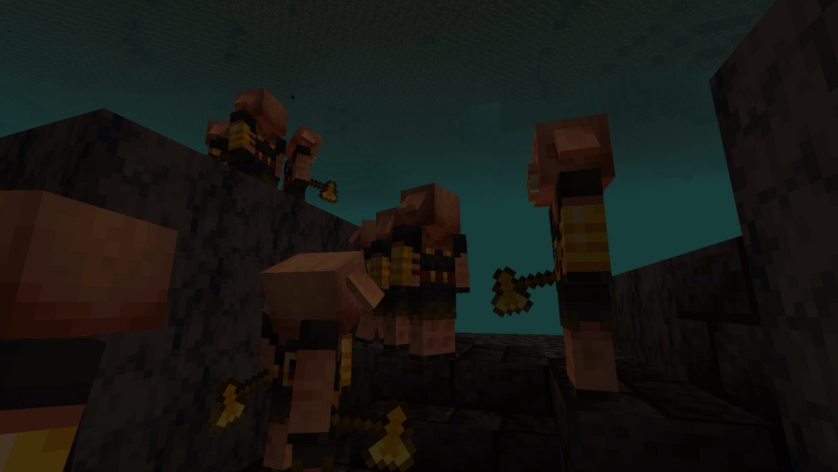 A screenshot of many Piglin Brutes milling around, having been forced into existence by Nate