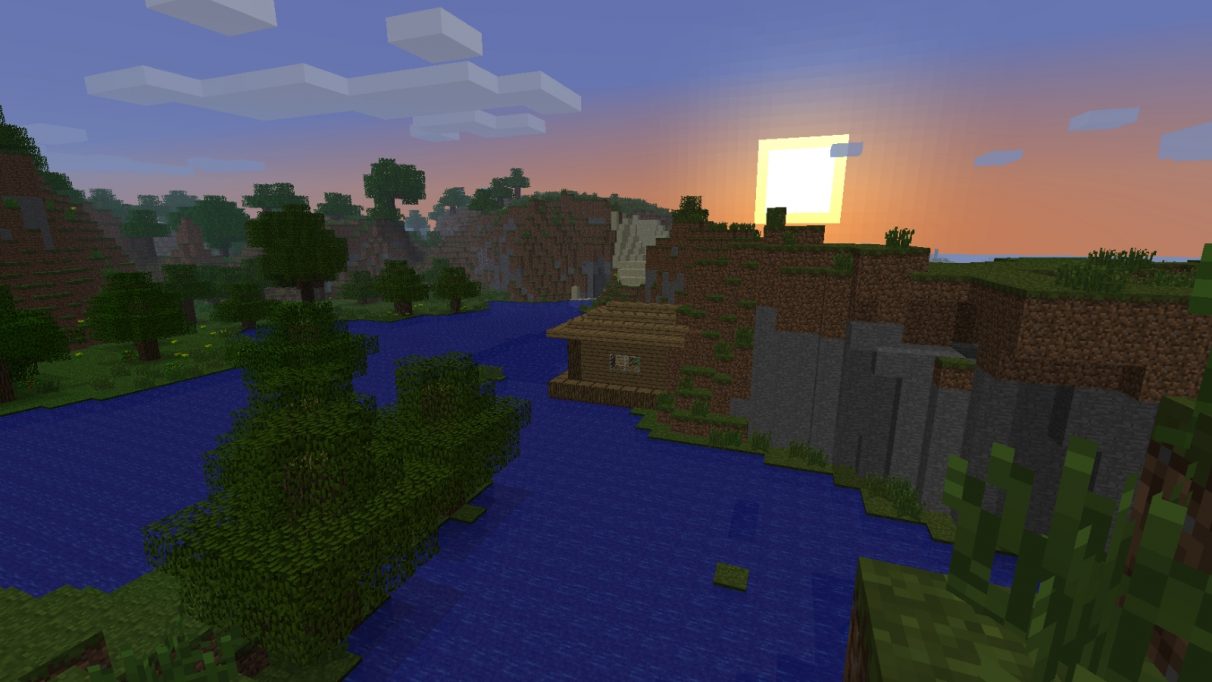 The camera shows the lake from the original Minecraft title screen. On the right shore, there is a simple Minecraft house under a setting sun. 