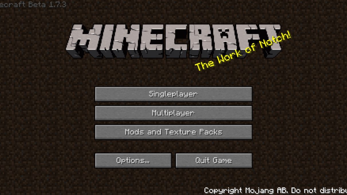 Minecraft 1.7.3 title screen, with splash text reading "created by Notch!"