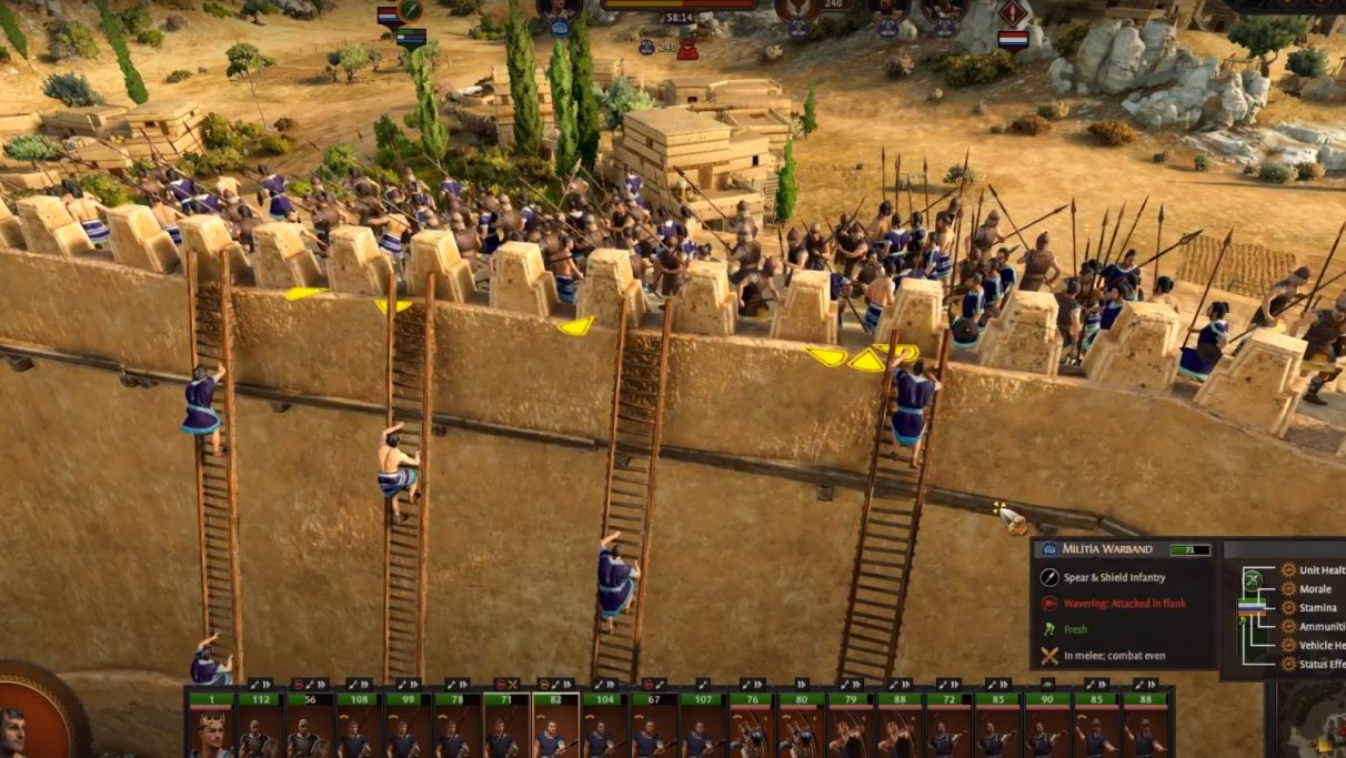 Some hapless trojans scale a wall, as loads of angry defenders mass at the top ready to butcher them.