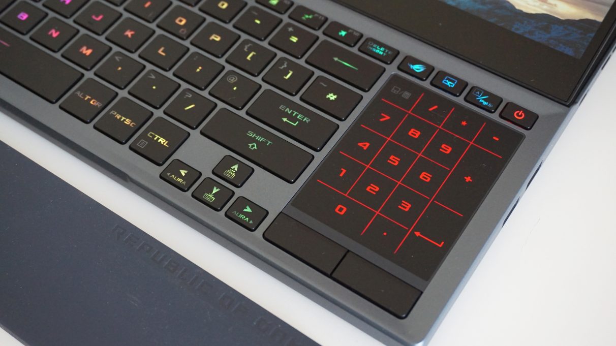 A photo showing how the Asus ROG Zephyrus Duo 15's touch pad can be transformed into a makeshift number pad.