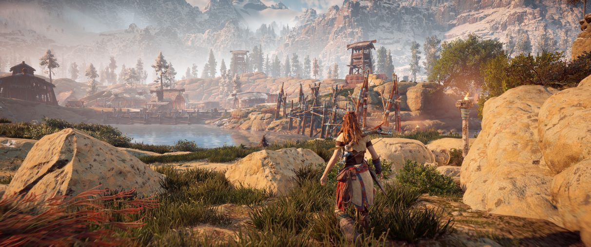 An ultrawide screenshot of Horizon Zero Dawn with no HUD settings onscreen at all. 