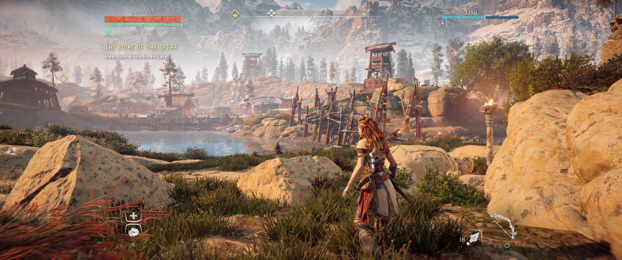 An ultrawide screenshot of Horizon Zero Dawn's HUD settings set to their original 16:9 position.