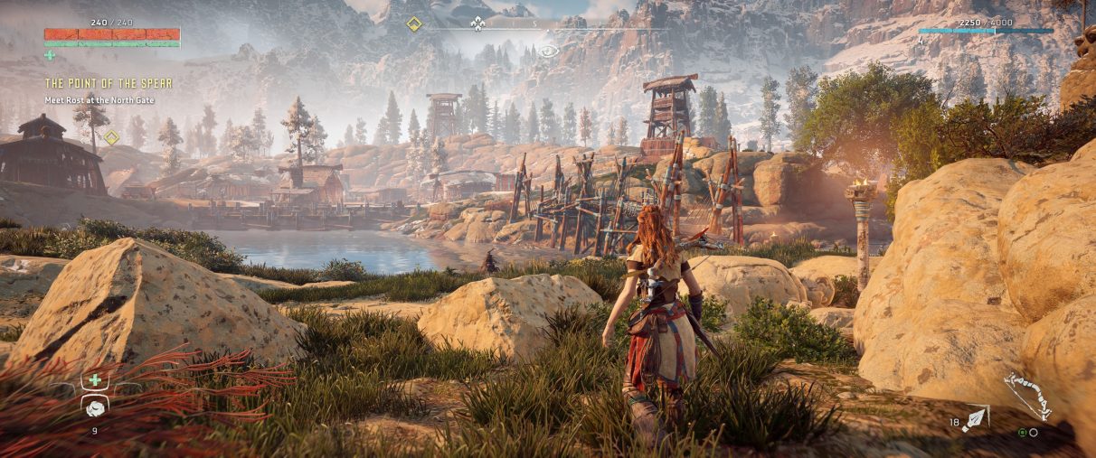 An ultrawide screenshot of Horizon Zero Dawn's HUD settings, which are automatically set to appear at the edges of the screen.