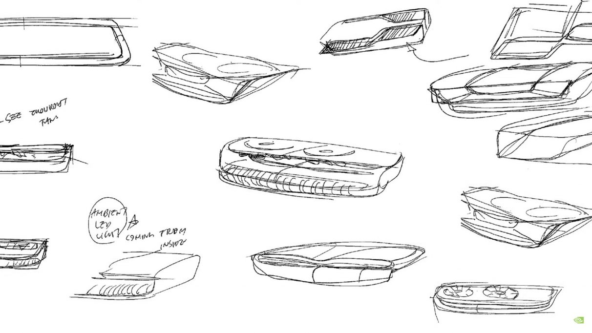 Simple pencil sketches of Nvidia graphics card designs.