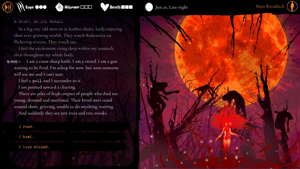 A screenshot from Werewolf: The Apocalypse - Heart Of The Forest showing, on the right side, a large blood moon rising behind the silhouettes of trees that seem to have impaled bodies on them. Beneath the moon is the figure of a woman, whose hair has grown to resemble the branches of a tree. On the left side of the screenshot, text descrbies a dream from protagonist Maia's point of view, in which piles of mutilated corpses become trees and treetrunks.