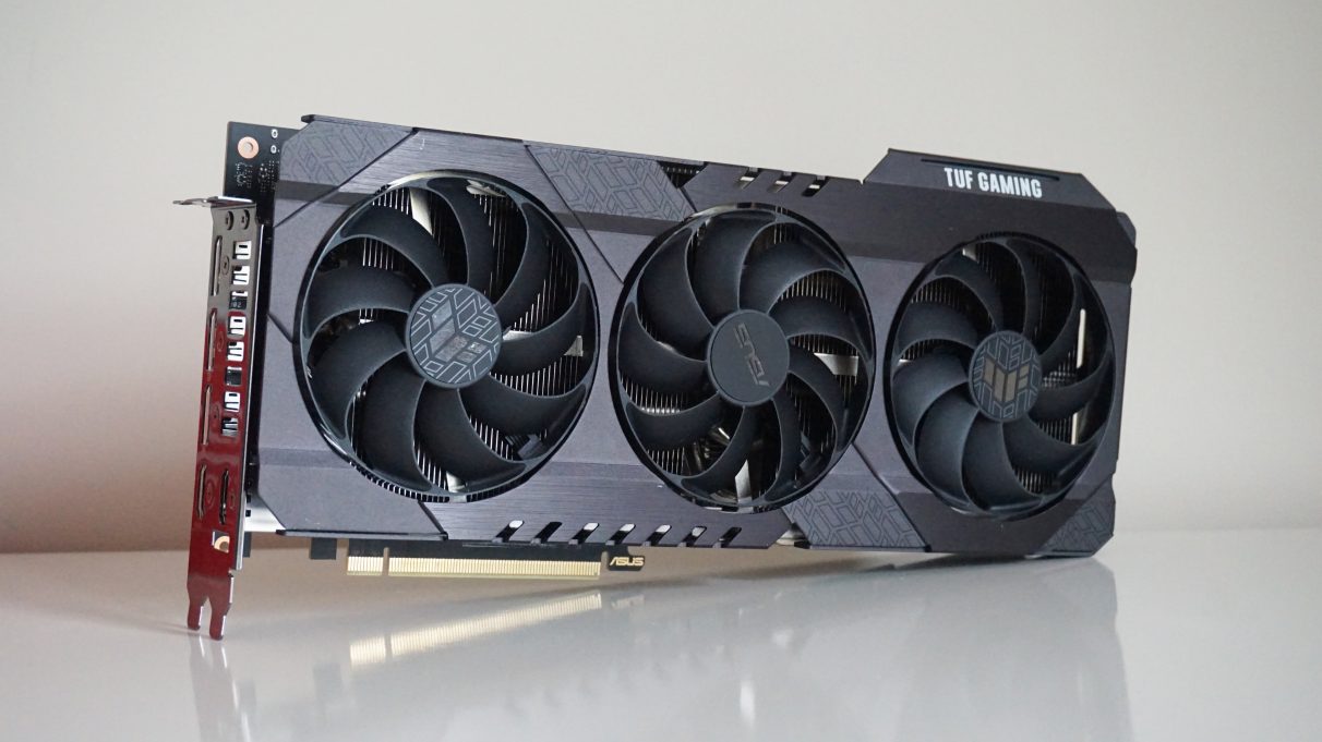 A photo of the Asus TUF Gaming GeForce RTX 3080 OC Edition at an angle showing its fans and display outputs.