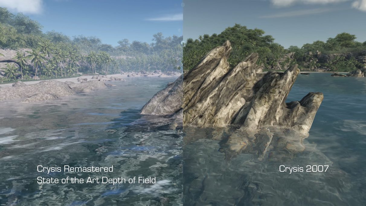 A screenshot comparing Crysis Remastered's new depth of field effects with the original Crysis from 2007.