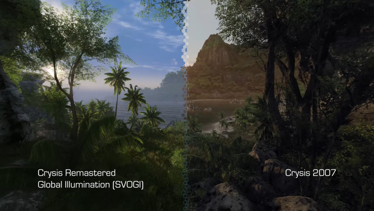 A screenshot comparing Crysis Remastered's new global illumination system with the original Crysis from 2007.