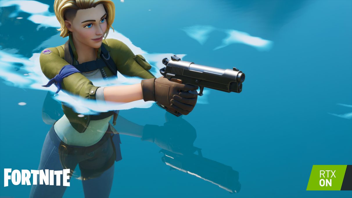 A screenshot showing ray traced reflections in Fortnite.