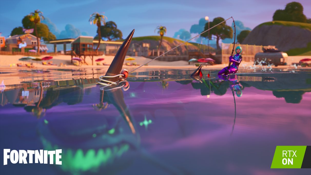 A screenshot showing ray traced reflections in Fortnite.