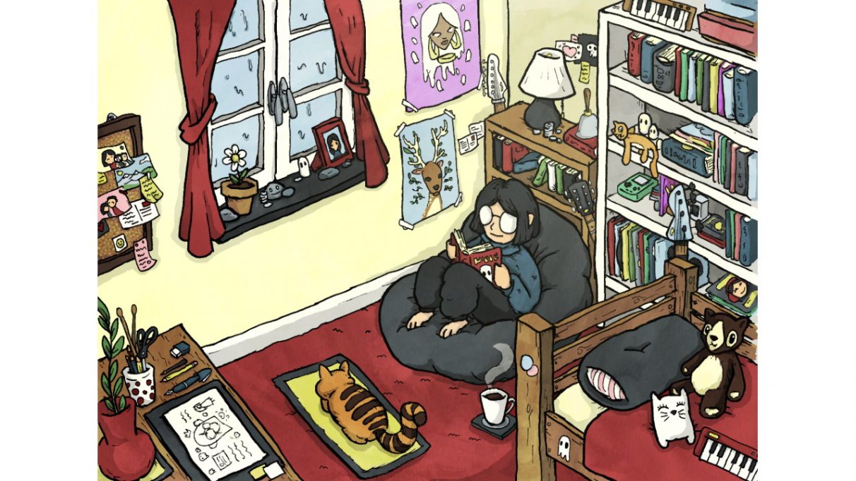 A screenshot from Lo-Fi Room, showing a girl reading a book on a bean bag in a cosy bedroom with her cat pal nearby.