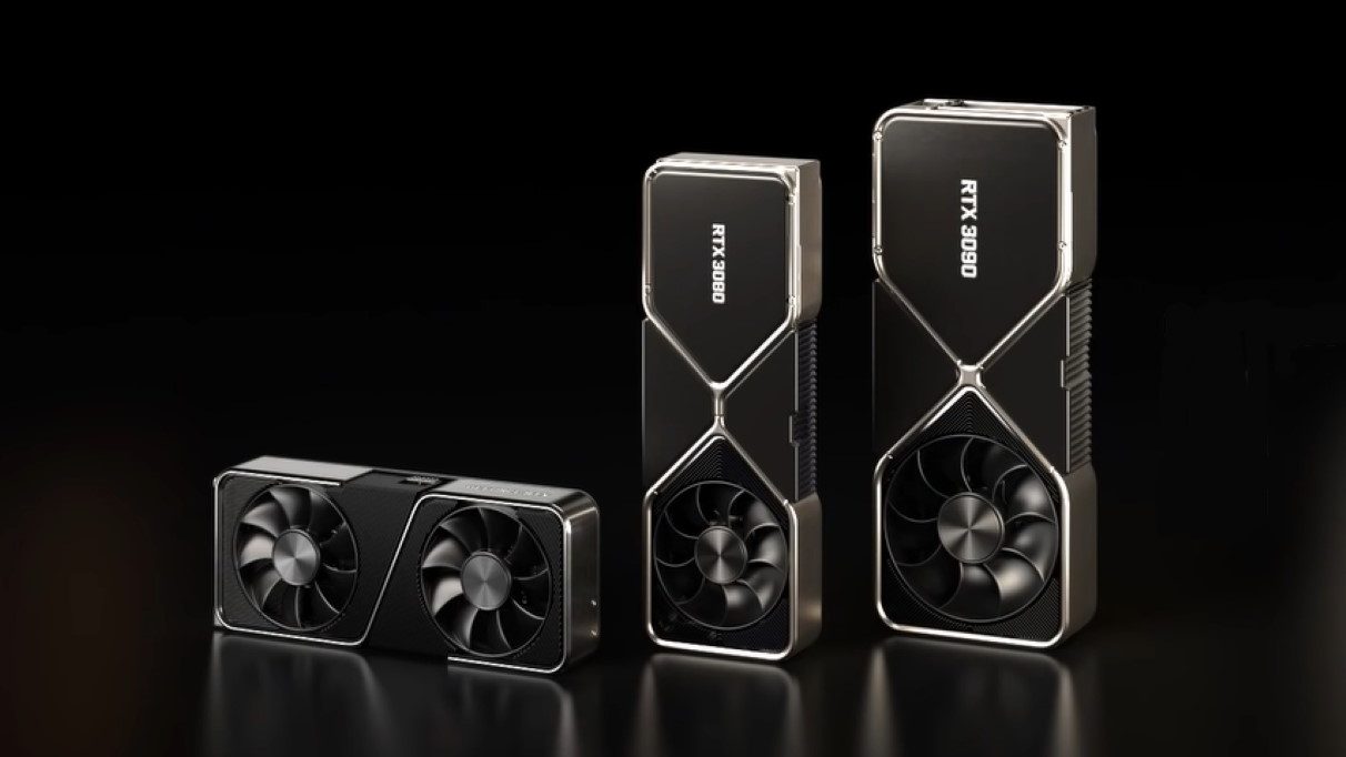 A photo showing Nvidia's RTX 3070, 3080 and 3090 graphics cards, based on Nvidia's Ampere GPU architecture.