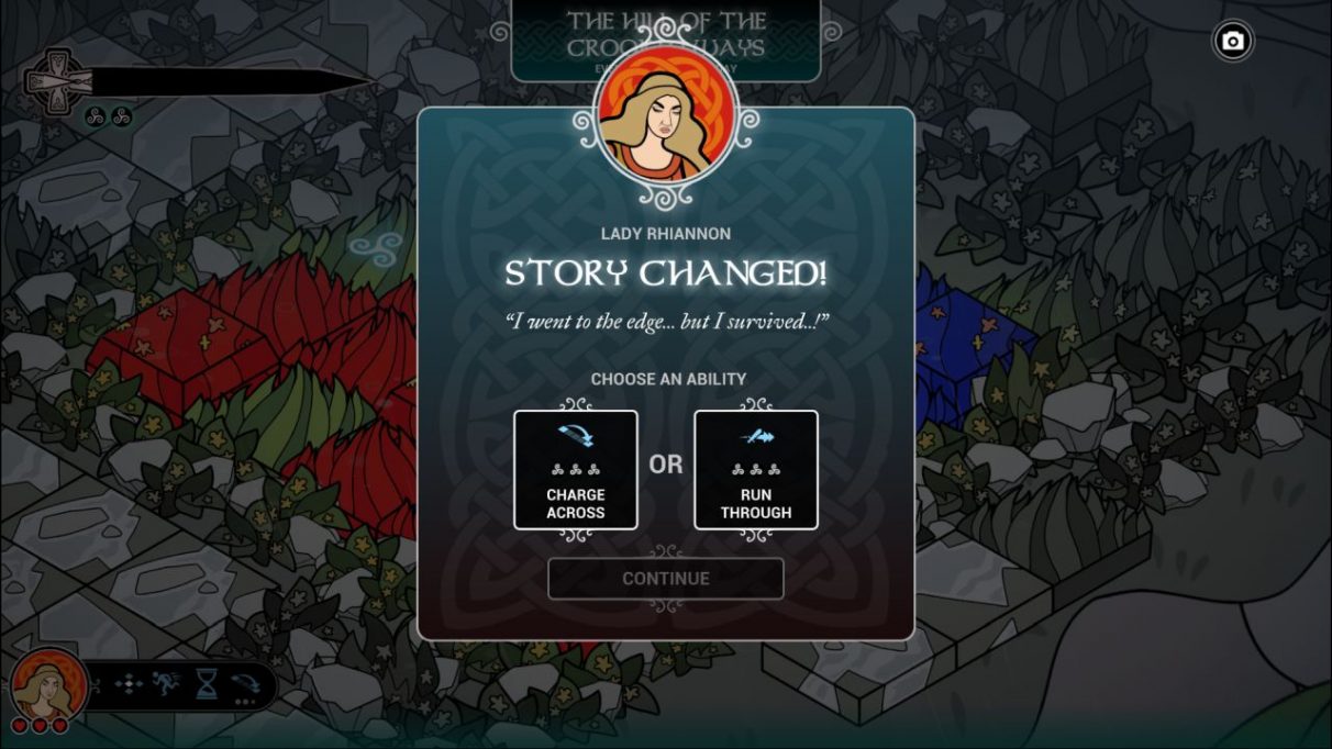 A screenshot showing a popup in Pendragon informing us that Lady Rhiannon's story has changed. It says 'I went to the edge... but I survived!' and she can now choose either the ability to charge an extra square through her territory on the board, or charge through an enemy as she attacks them. width=