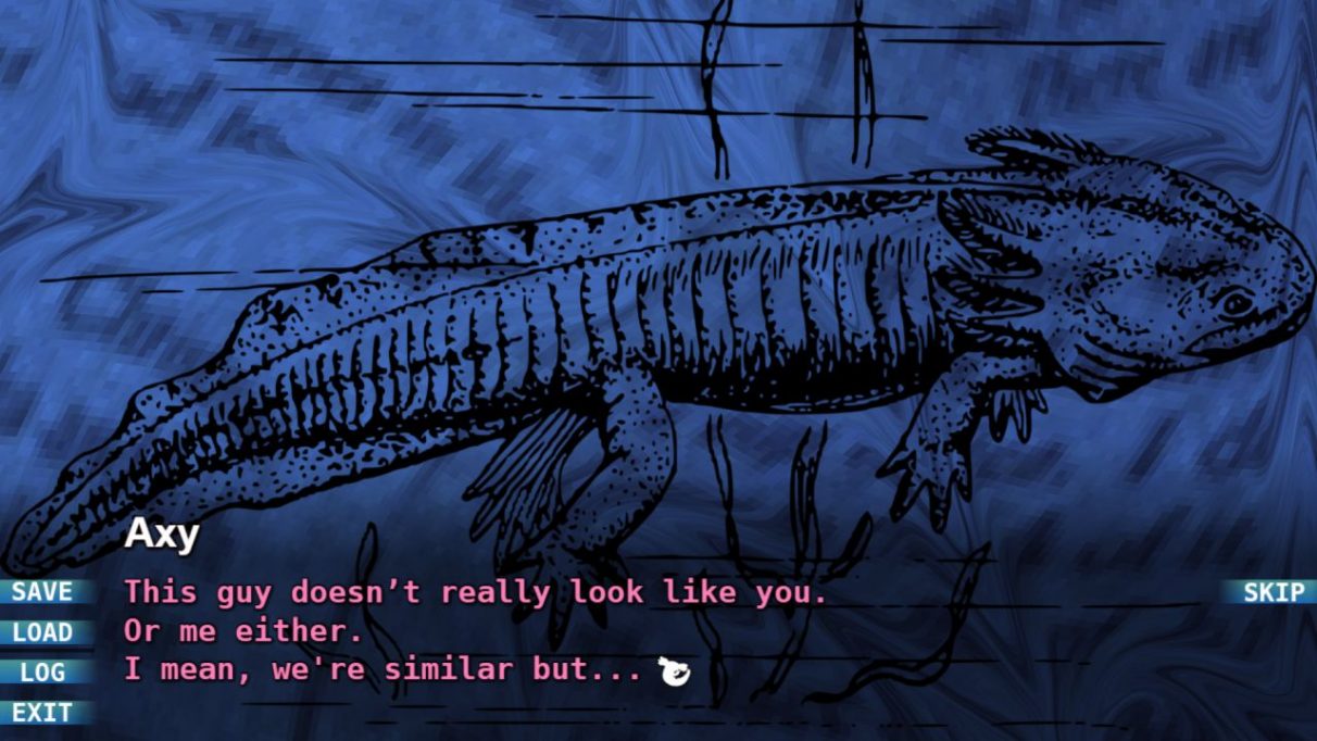 A screenshot from RB: Axolotl showing a book open to a diagram of an axolotl from the 'real world'. Axy is commenting that it doesn't really look like the axolotls in the tank.