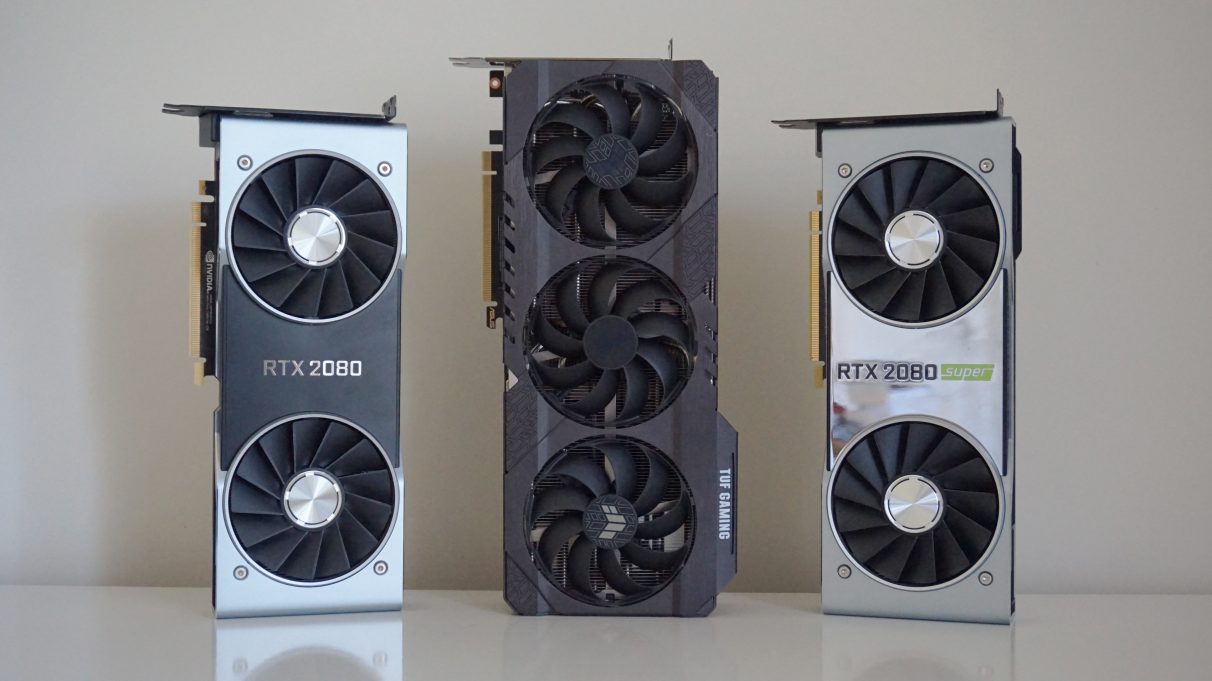 Een foto met de RTX 2080, RTX 2080 Super en RTX 3080 naast elkaar