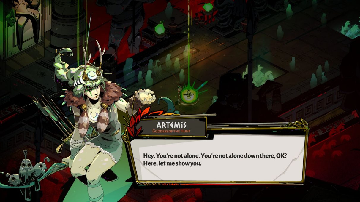 A screenshot of Zagreus speaking to Artemis in Hades. Artemis is an apparently young woman holding a bow and quiver, with slightly green tinged skin and green hair. She is wearing a tunic and a fur collar