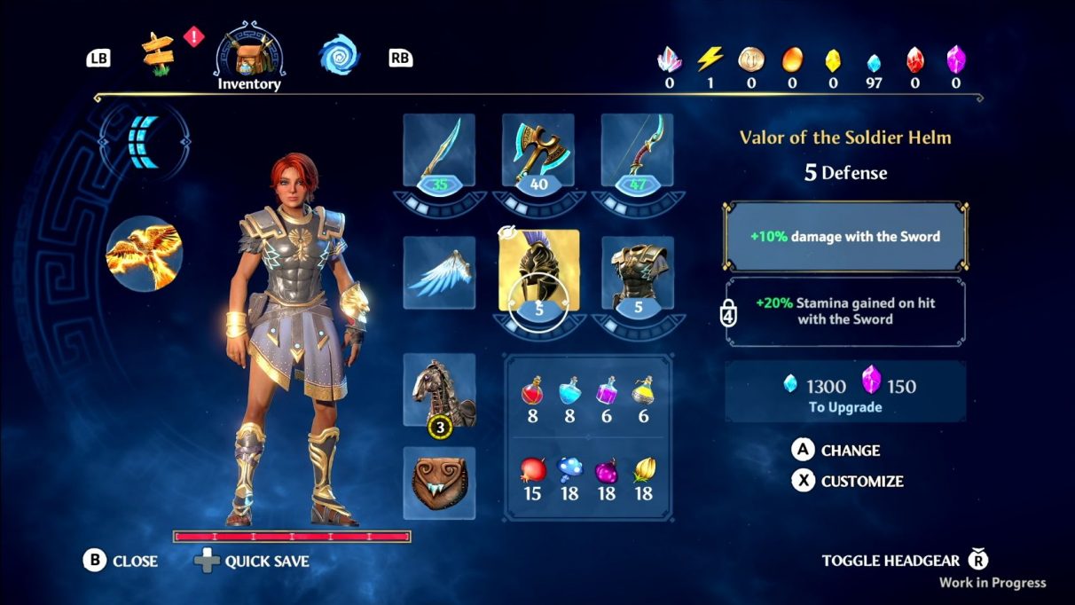 A screenshot of the gear screen in Immortals Fenyx Rising, showing slots to equip a sword, axe and bow, a helmet and armour set, and a horse of your choosing.