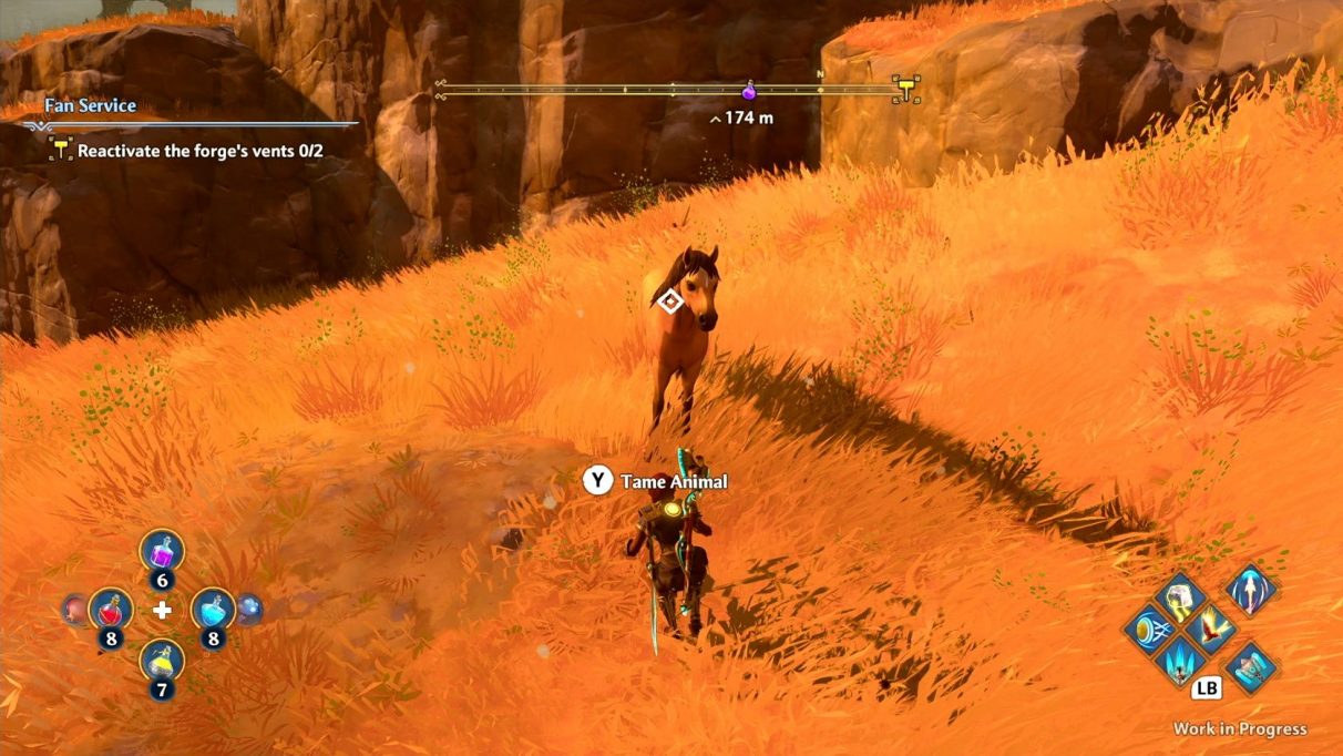 A screenshot from Immortals Fenyx rising showing player character Fenyx sneaking up to a wild horse to tame it.