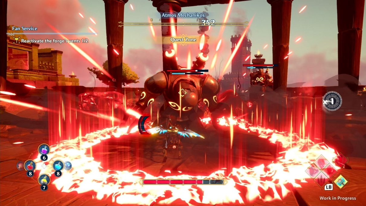 A screenshot of Fenyx from Immortals Fenyx Rising in a fight with a big robot. Fenyx has just landed a blow with their special hammer attack, and it has left an explosive red area-of-effect ring around her and her enemy.