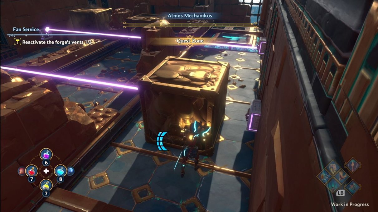 A screenshot of Fenyx in the middle of solving a puzzle in Immortals Fenyx Rising. They are pushing a large metal block into the path of some lasers. More blocks and lasers at different levels are visible off to the left hand side