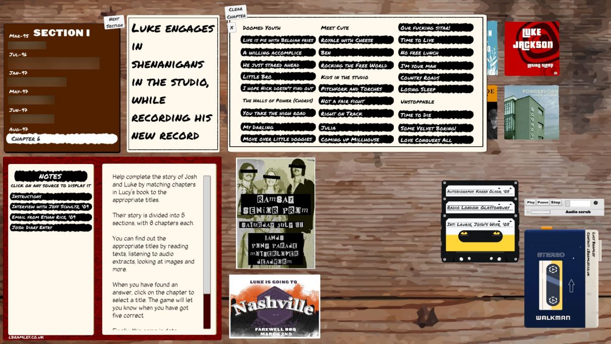 A screenshot of the full investigation table in Rivals, with album covers on the top right, cassette tapes of interviews, recordings and other audio on the bottom right, an index of written clues and flyers along the bottom and on the left, and a list of the chapters and sections of the book on the top left.