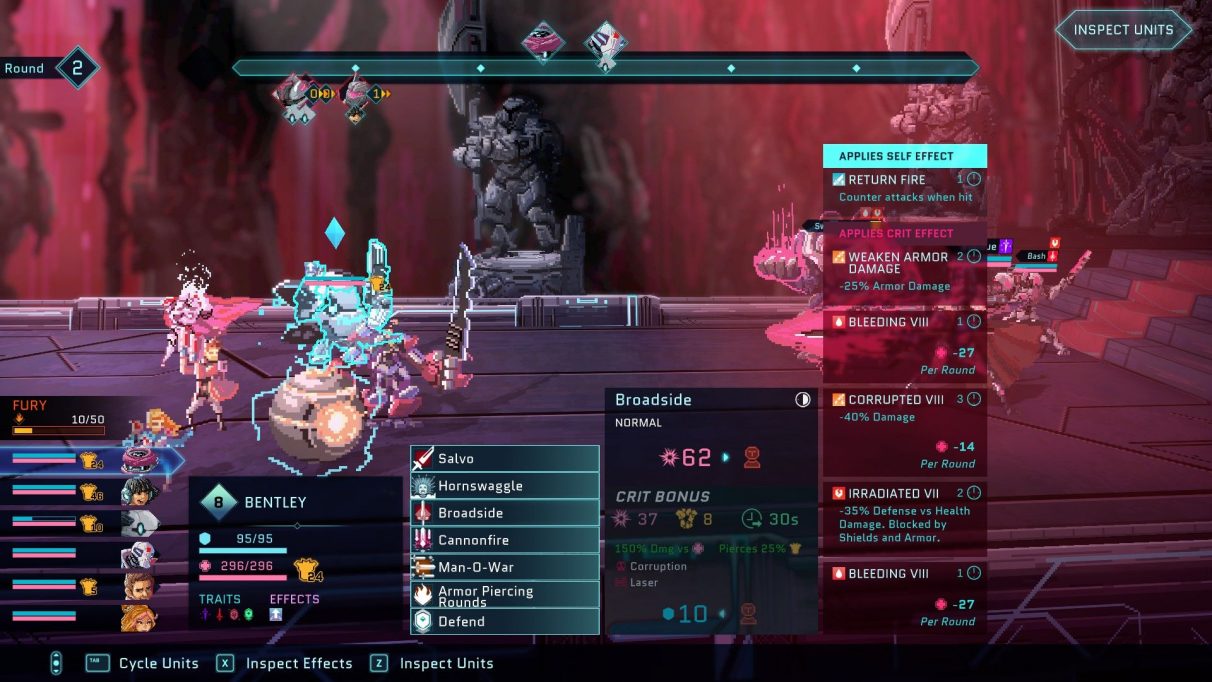 A screenshot of a fight in Star Renegades. There are four nesting menu boxes across almost the entire bottom of the screen, with the last (a list of applied self-effects of a move called 'Broadside') covering up the enemy units.