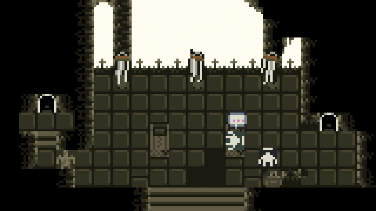 A gloomy, tomby space, represented in greyscale pixel art.