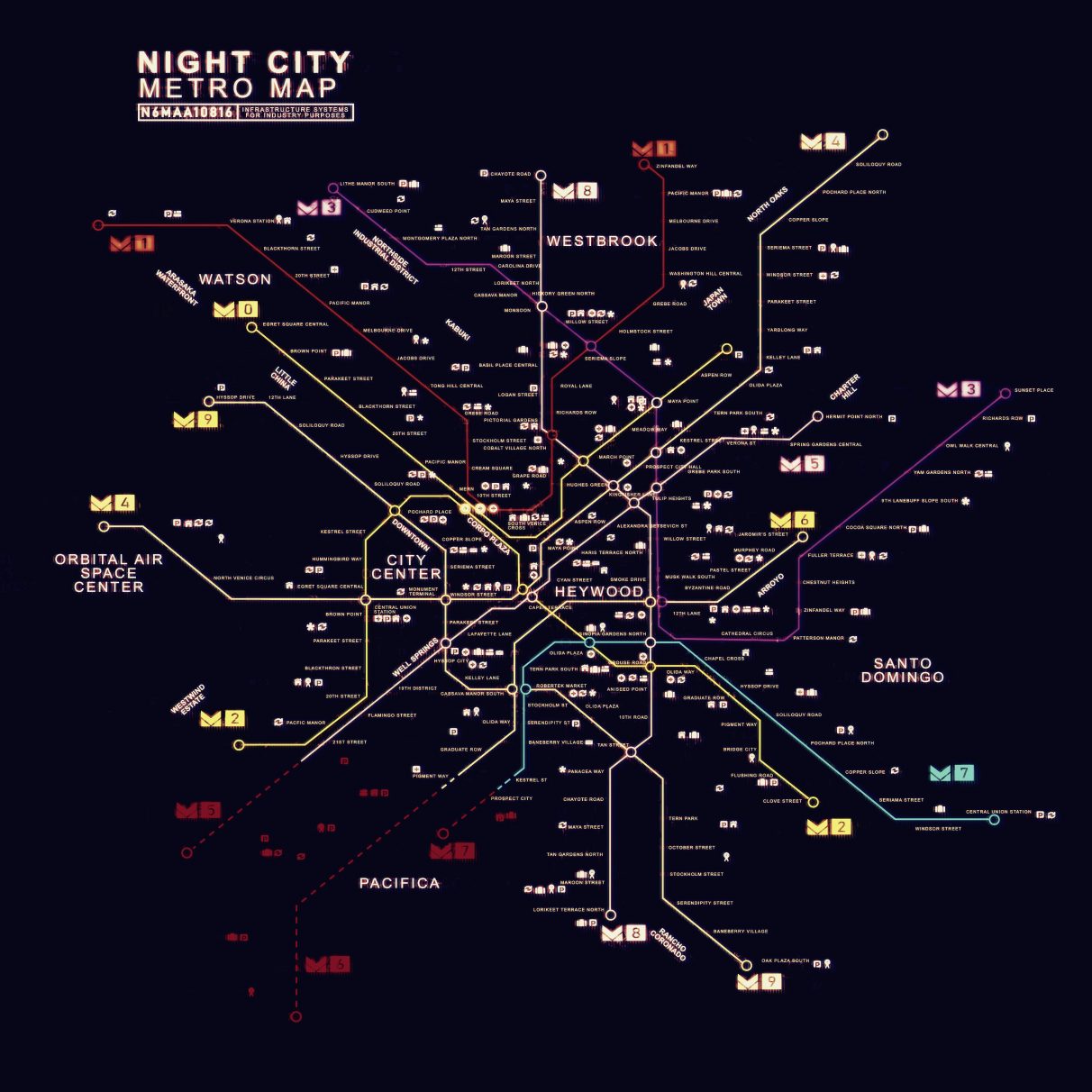 Here is the full Metro map of Night City, recreated from a glimpse of the map from one of Cyberpunk 2077's trailers.