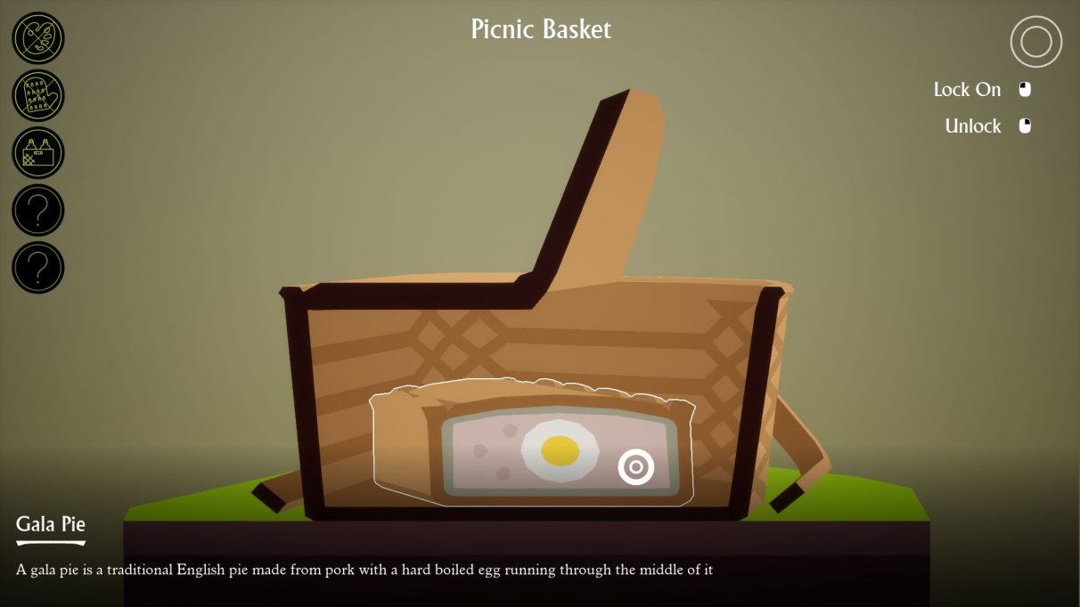 A screenshot showing the slicing in I Am Dead in action: the player is looking at the cross section of a picnic basket, inside of which is a meat pie, inside of which is a boiled egg.