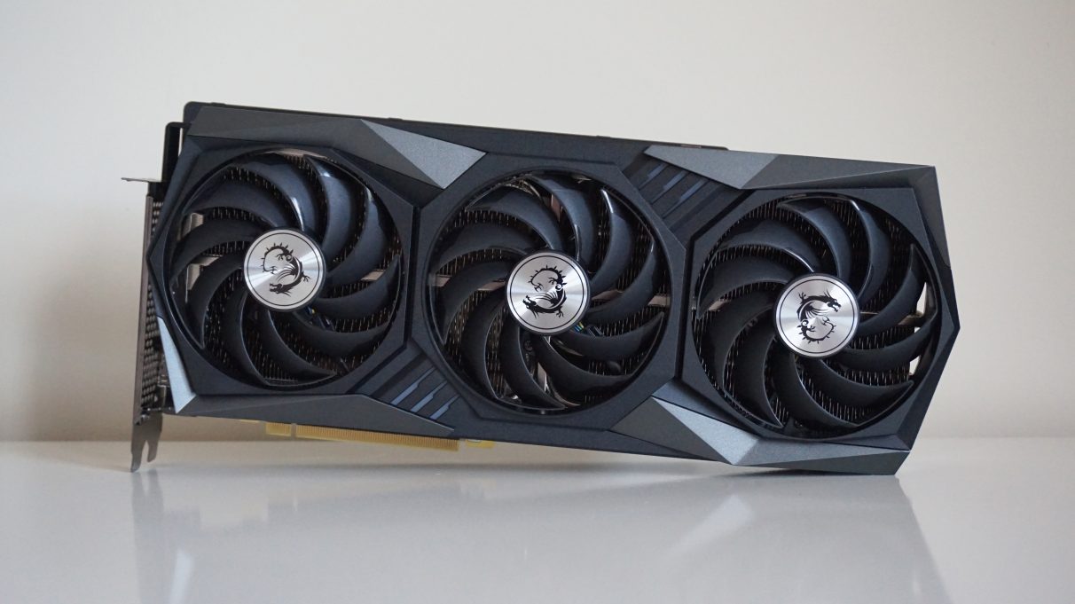 A photo of the MSI GeForce RTX 3080 Gaming X Trio graphics card.