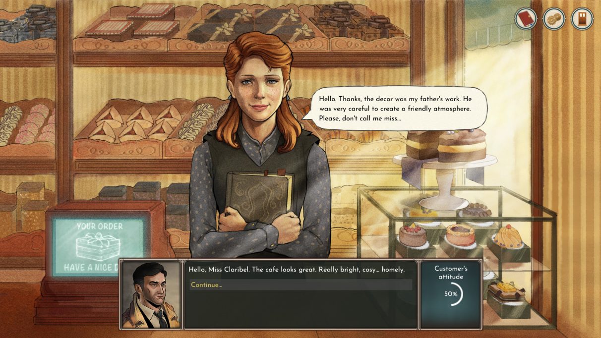 A screenshot of a business negotiation happening in Coffee Noir. A young woman stands in front of shelves of cakes. She is saying 'Hello. Thanks, the décor was my father's work. He was very careful to create a friendly atmosphere. Please, don't call me miss...'