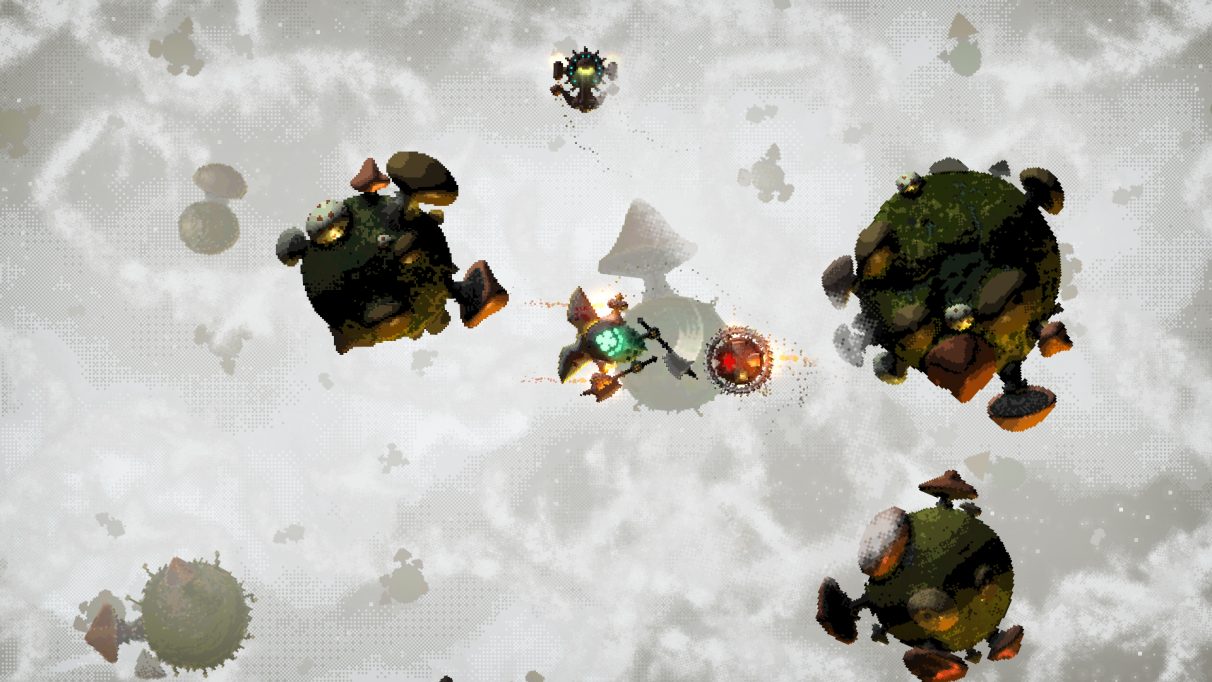 A screenshot of a dogfight in Fabular: Once Upon A Spacetime. A small spaceship that looks a bit like a beetle is attacking a mine with a pair of axes. Around it, small circular planetoids covered in mushrooms are floating about.