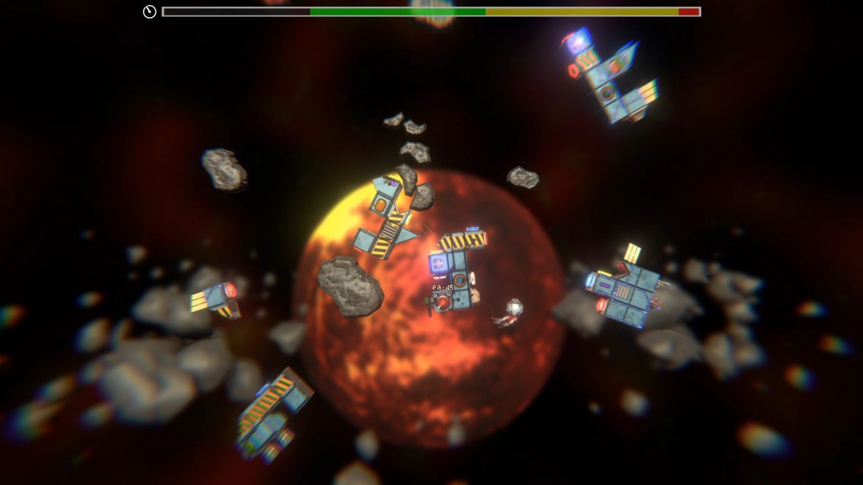 A screenshot showing the top down view of a mission in Kosmokrats. a little round drone is amongst six different bits of space station, made of squares and triangles, that it has to jigsaw together into one connected piece.