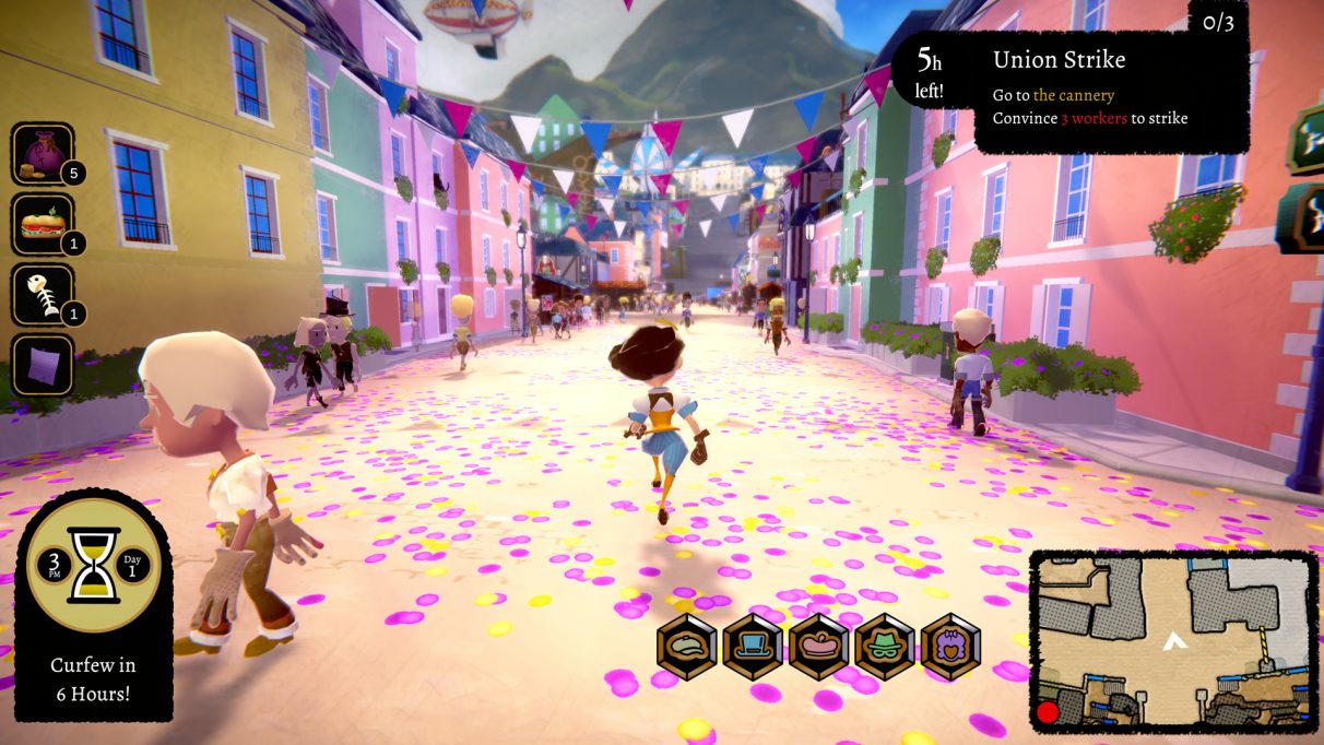 A screenshot showing the street in Mesmer, in 3D and third person. The camera is behind the protagonist who is a woman in blue shorts and a white shirt with a brown bob of hair. She runs down a very colourful street, the floor scattered with pink and yellow petals, the houses each a different colour, their rooftops strung with bunting. She is off to convince three cannery workers to join the union strike.