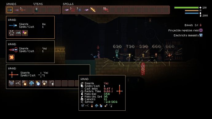 An image of Noita showing the holy mountain and wand customisation.