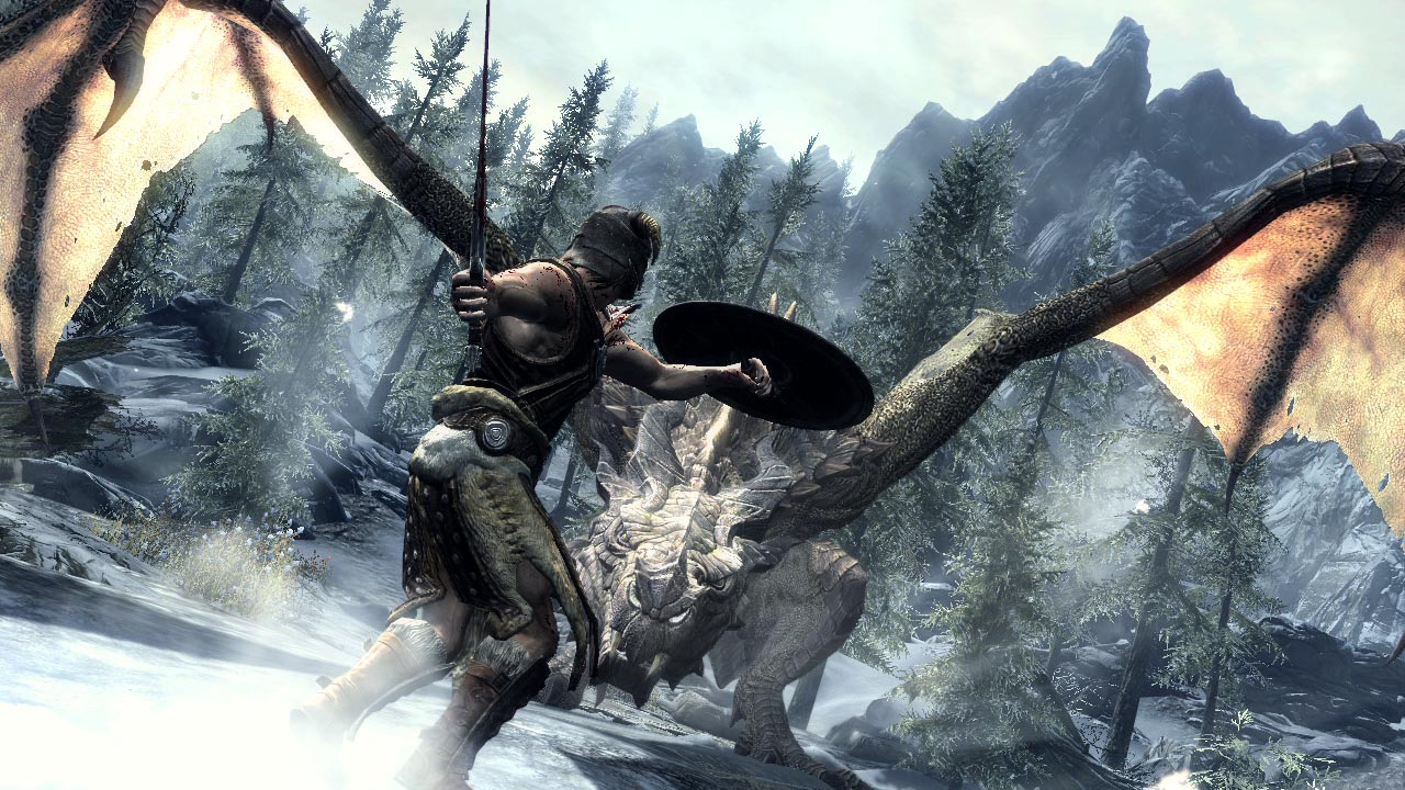 The Dragonborn faces a dragon in an Elder Scrolls V: Skyrim screenshot.